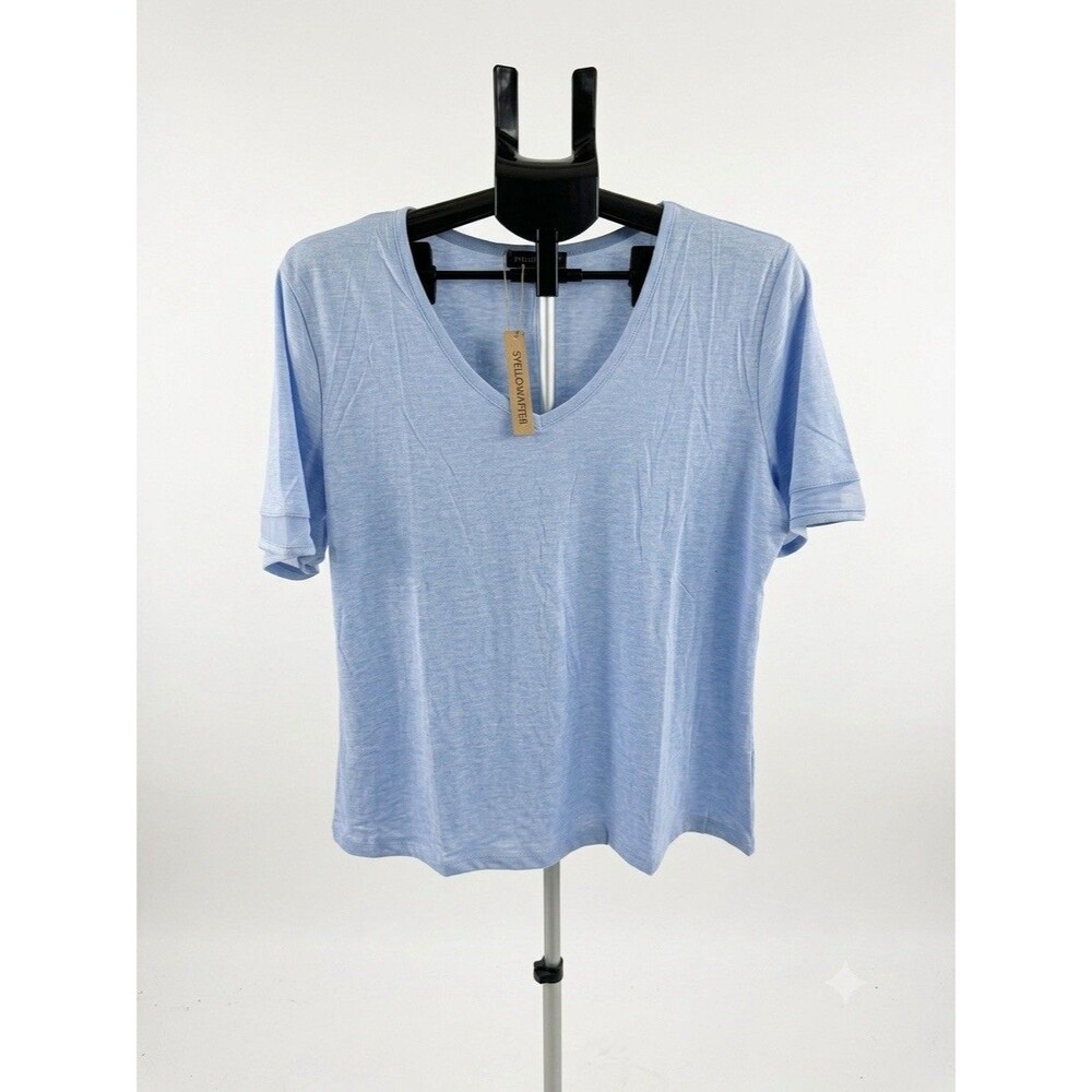 SYELLOWAFTER Women's Blue V-Neck T-Shirt Size L Short Sleeve Casual Soft Tee